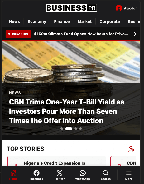 Business PR app home screen showing the latest business news feed